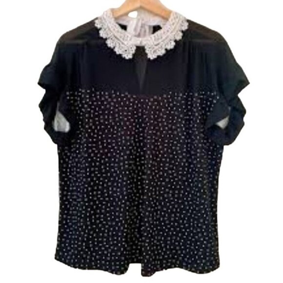 Faith And Joy Women's Black Polka Dot Eyelet Lace Collar Blouse Size Medium - Picture 2 of 12
